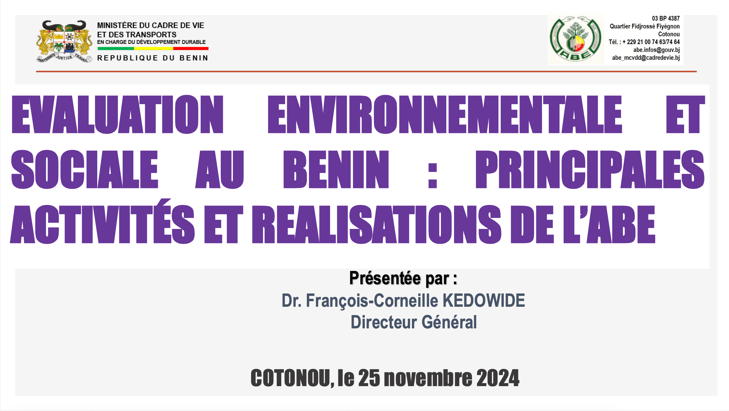 Evaluation environnementale et sociale au Bénin : principales activités et réalisations de l'ABE